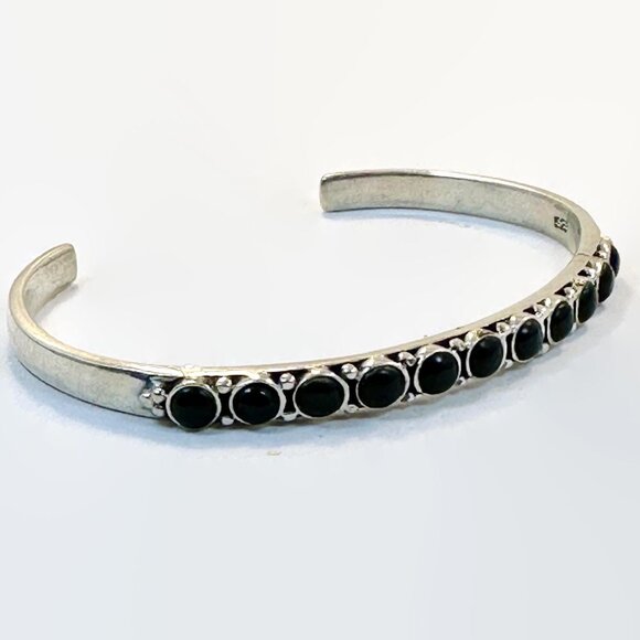 Vintage Black Onyx Cuff Sterling Silver: Boho Bracelet Bohemian Stacking Stone - Picture 2 of 6